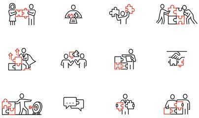 Vector Set of Linear Icons Related to Organization Process, Business Structure. Puzzle and Leadership. Mono line pictograms and infographics design elements - part 3