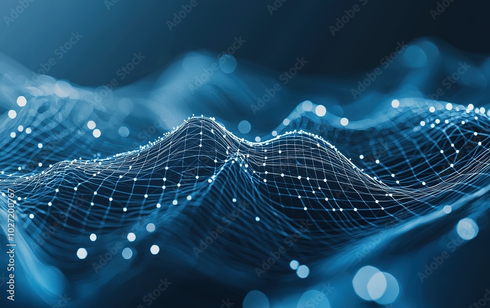 Fototapete Visual representation of data waves in a digital landscape at night showcasing flowing patterns of light and connectivity