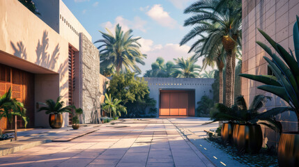 Elegant luxury mansion with palm trees in a sunny residential area