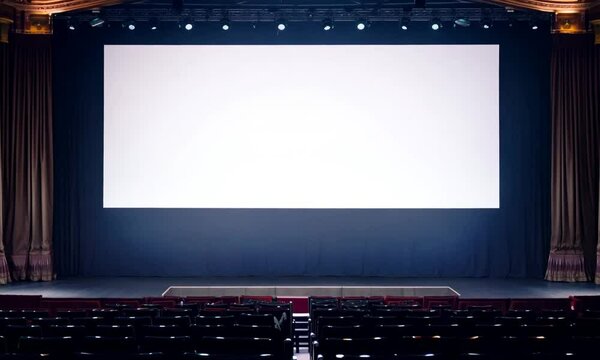 Rows of red chairs and an empty big screen with a magnificent stage