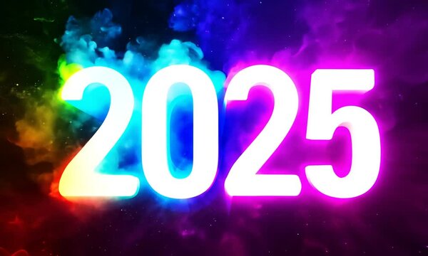 Bright 2025 typography with colorful powder explosion background with the same spectrum of bursts