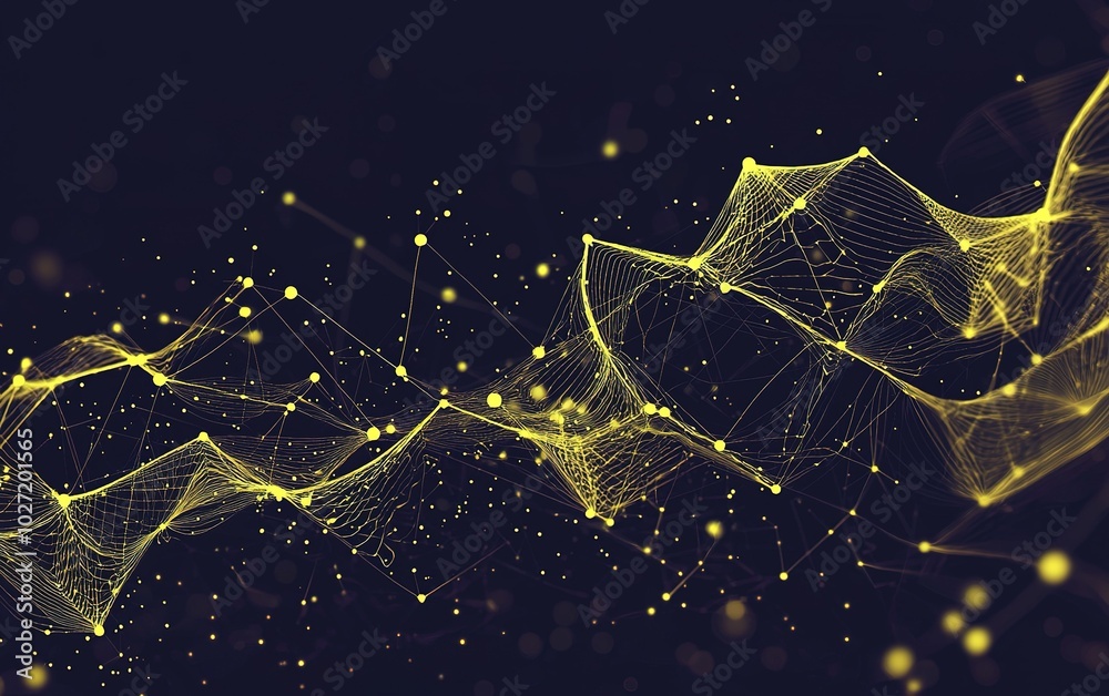 Poster abstract representation of digital wave patterns with glowing yellow points in a dark setting showca