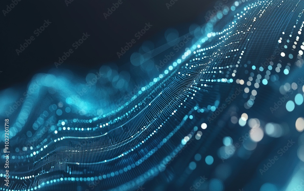 Poster abstract representation of data waves in a digital environment with glowing dots and lines on a dark