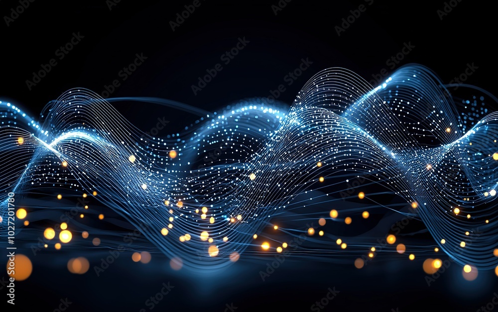 Poster dynamic digital waves of light create a mesmerizing visual display against a dark backdrop at nightt