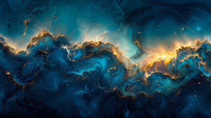 Obraz premium Abstract representation of a cosmic landscape featuring blue waves and shimmering stars