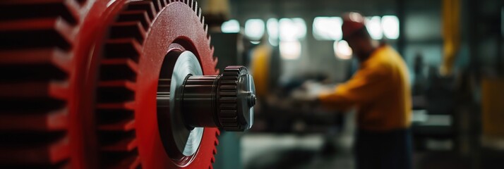 Detailed view of interlocking red gears in a dimly lit factory, highlighting the intricate design and functionality of industrial machinery components.