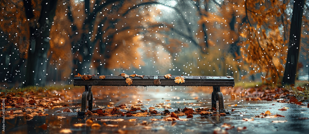 Poster an empty park bench in the rain, with a blurred background, blurred foreground, wet ground with pudd