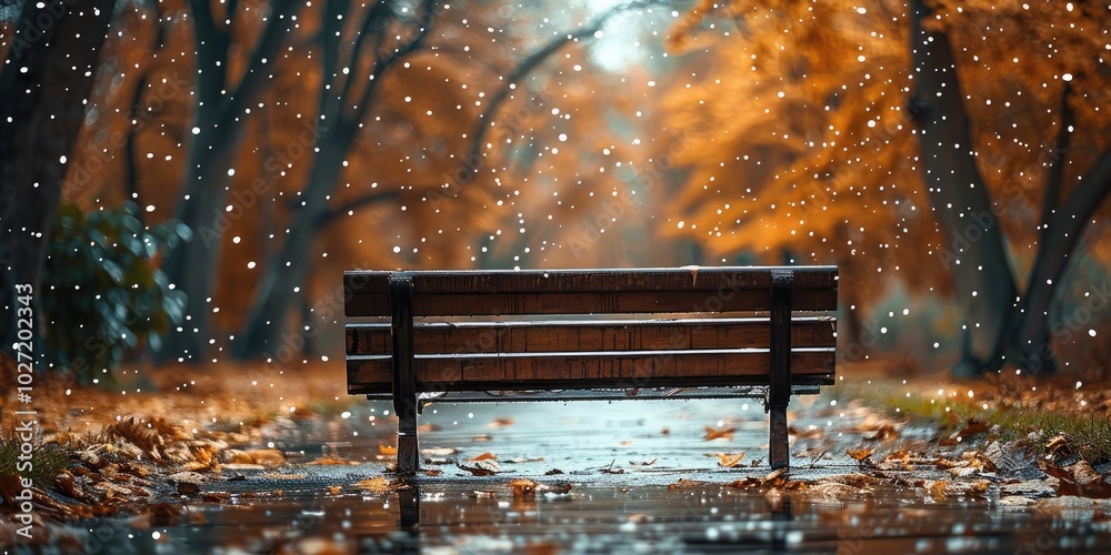Poster an empty park bench in the rain, with a blurred background, blurred foreground, wet ground with pudd