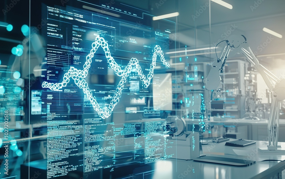 Poster dynamic data visualization technology in a modern laboratory setting showcasing analytics and resear