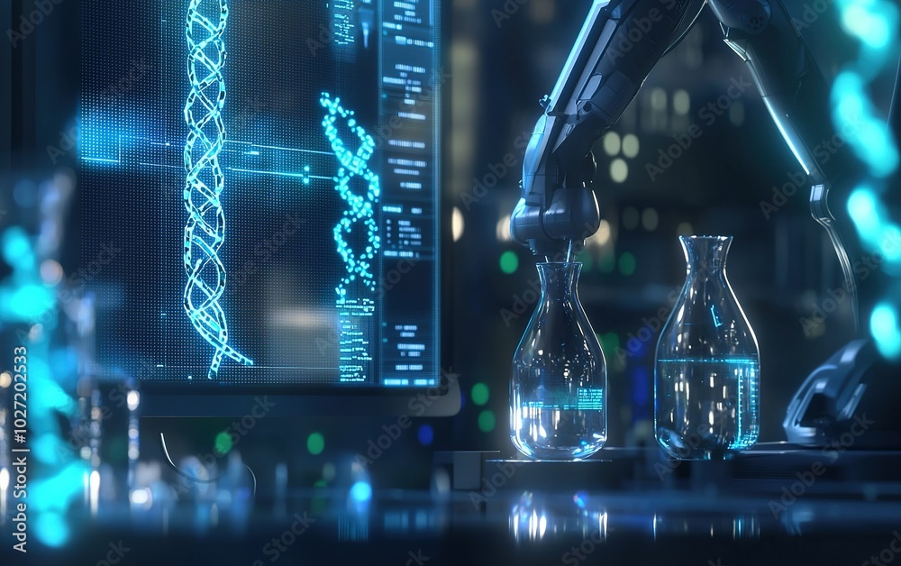 Poster advanced robotic arm conducting experiments with glowing liquids in a high-tech laboratory setting d