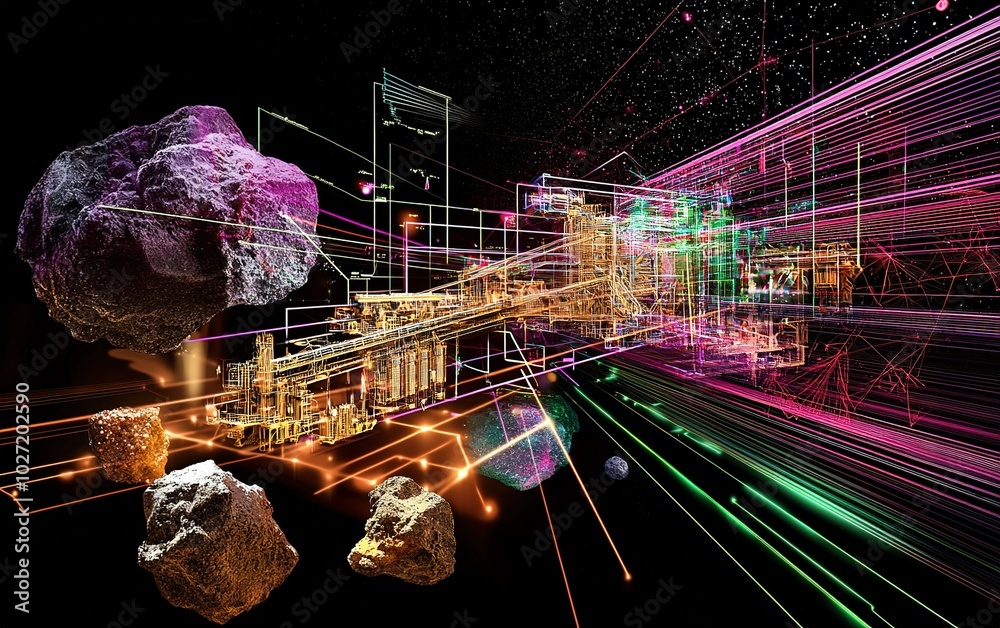 Poster abstract representation of space exploration featuring asteroids and digital structures in vibrant c