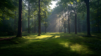 Obraz premium Sun Rays Through Forest Trees Green Grass Nature Photography