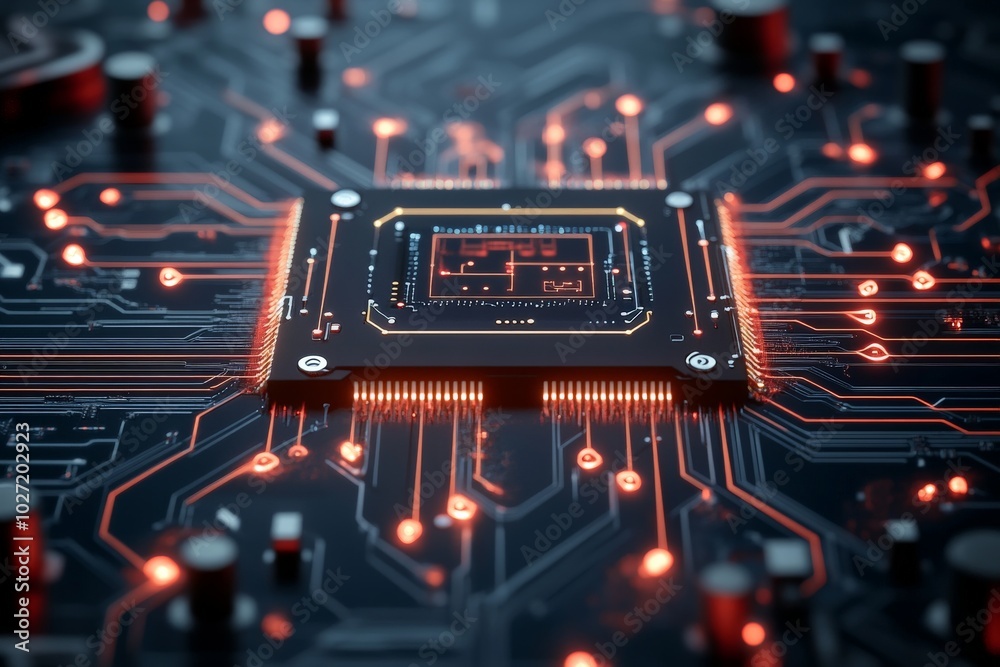 Poster a detailed view of an illuminated microchip at the center of a high-tech circuit board, symbolizing 