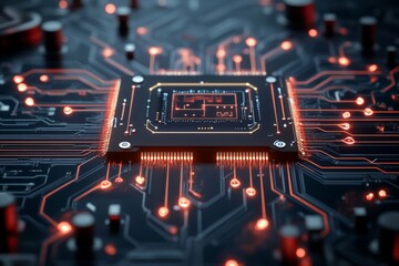Obraz premium A detailed view of an illuminated microchip at the center of a high-tech circuit board, symbolizing advanced technology and digital connectivity.