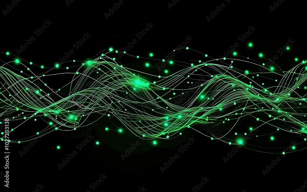 Fototapete Abstract green light waves with glowing points intertwining against a black background showcasing a dynamic digital pattern
