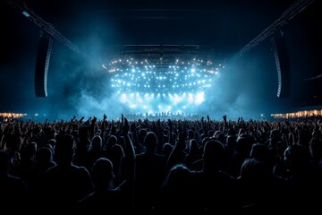A large enthusiastic crowd enjoys a spectacular live concert, drenched in blue lights, with hands raised high, capturing the energy and excitement of the event.