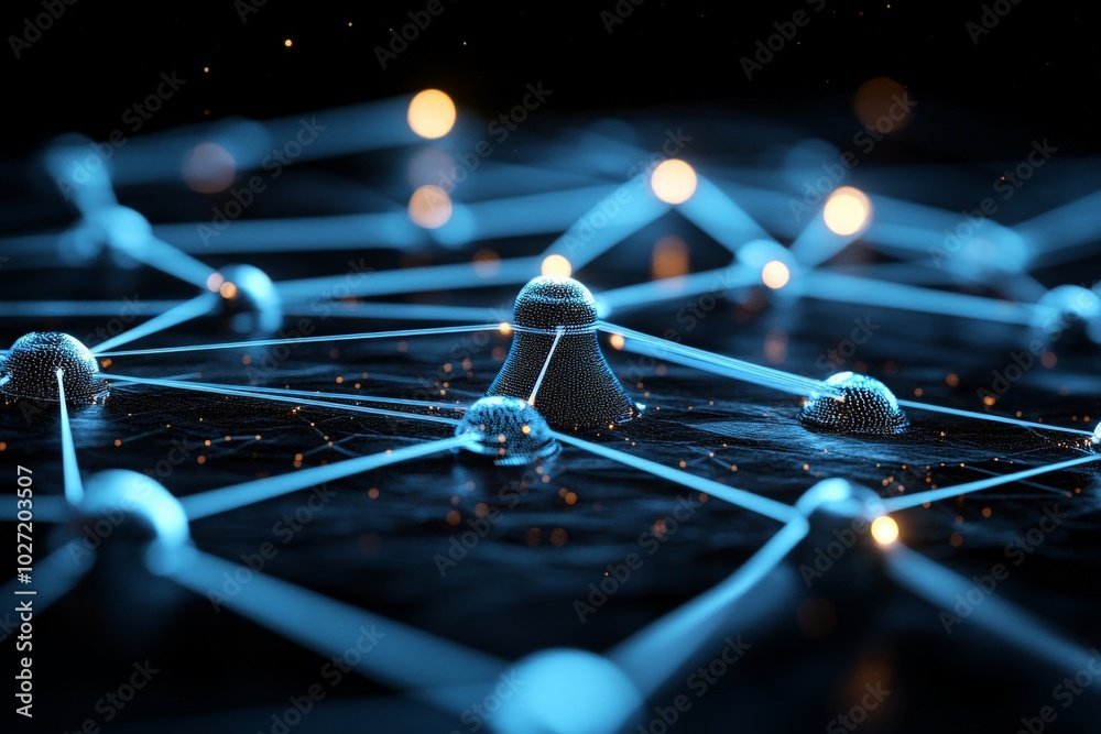 Poster an abstract representation of network connectivity, featuring interconnected glowing nodes and dynam