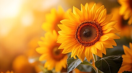 Fototapeta premium A close-up of vibrant sunflowers, petals slightly curling, contrasting beautifully with a cream-colored backdrop, warm tones, natural light, botanical illustration
