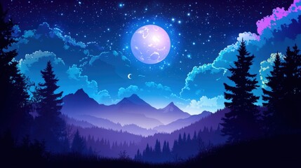 Illustration of Moonlit Night Over Mountain Range with Starry Sky
