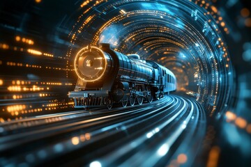 A steam locomotive captured speeding through a futuristic tunnel, blending vintage design with advanced tech, evoking speed, travel, and technological revolution.