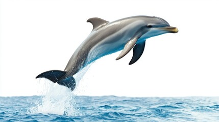 Obraz premium Dolphin mid-leap with ocean spray trailing, highlighted on a bright, clean white backdrop