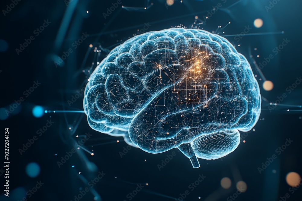 Poster a glowing digital brain visualization showcasing neural connections and the intricate network of a m
