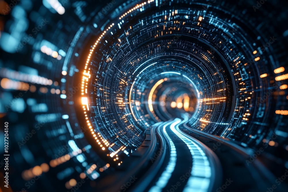 Poster an abstract digital tunnel lined with glowing circuits, creating a dynamic sense of speed and progre