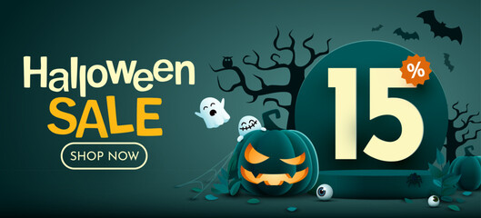 15 percent off. Halloween sale banner template. Podium and numbers with amount of discount. Special October offer.