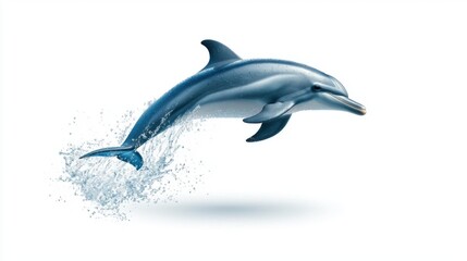 Dynamic image of a dolphin mid-jump with water droplets trailing, placed on a white background