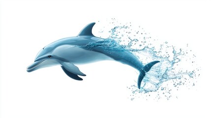 Obraz premium High-energy dolphin in mid-jump with splashes of water, isolated on a white background