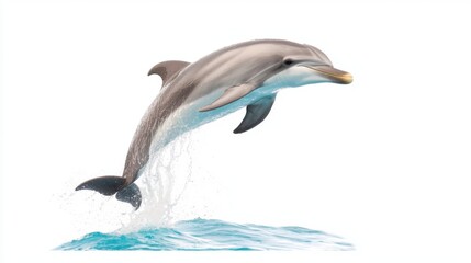 Fototapeta premium High-energy dolphin in mid-jump with splashes of water, isolated on a white background