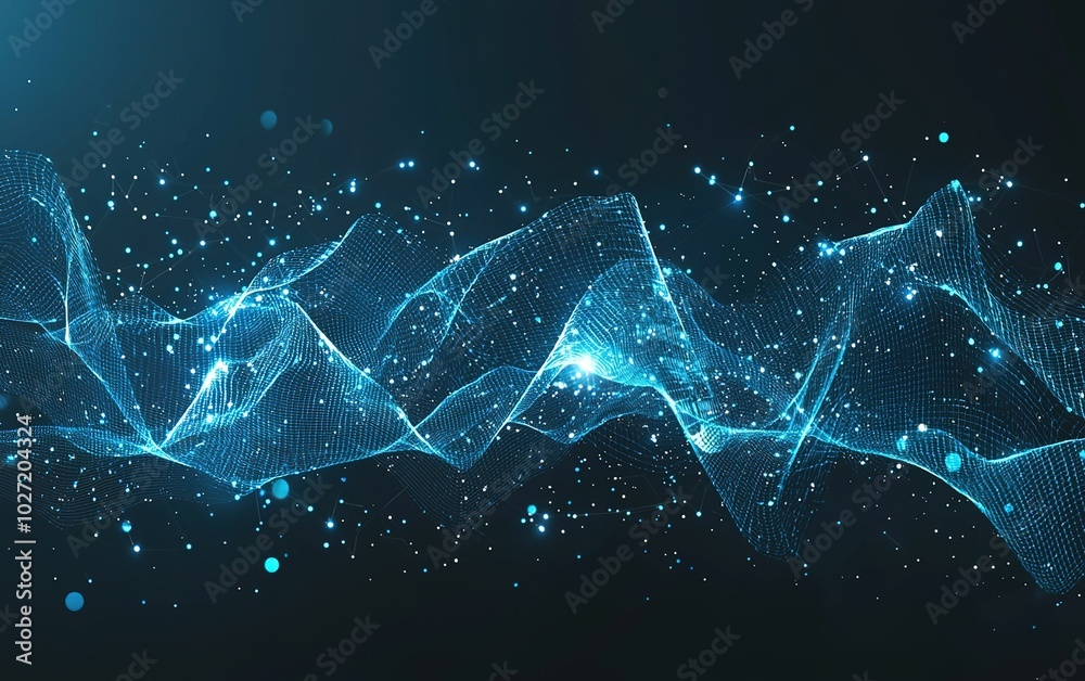 Poster dynamic blue wave of particles representing digital transformation in a dark space background with g