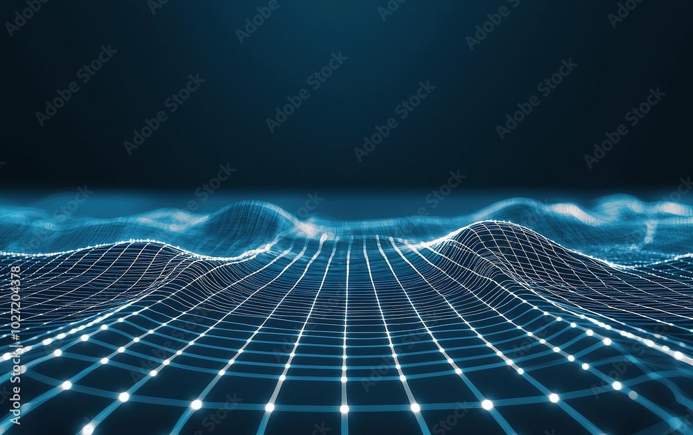 Poster abstract representation of digital waves with glowing grid lines in a dark atmosphere, illustrating 