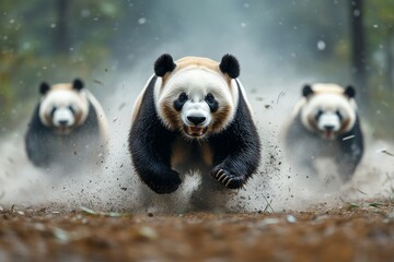 A group of three energetic pandas eagerly dash through a natural wilderness setting, kicking up dirt, embodying youthful vigor and environmental harmony.