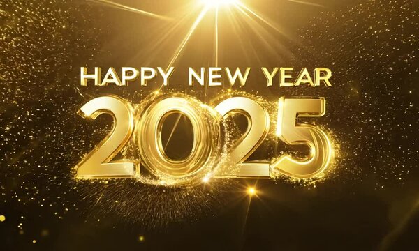 Happy new year 2025 with glittering gold particles on black background