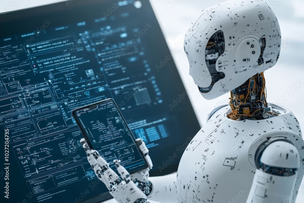 Poster a high-tech humanoid robot interacting with data on a digital screen, representing advancements in a