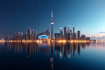 Obraz premium A breathtaking view of a city skyline during evening hours, the buildings illuminated with lights, reflecting beautifully on the still water. Captivating urban scenery.