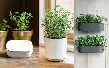 Fototapeta premium Indoor herbs and plants in decorative pots placed on wooden surfaces near a window