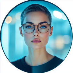 Headshot of an attractive woman with short hair, wearing glasses and business attire, in front of a futuristic background, with a circular blue frame. The image is professionally photographed, with pr