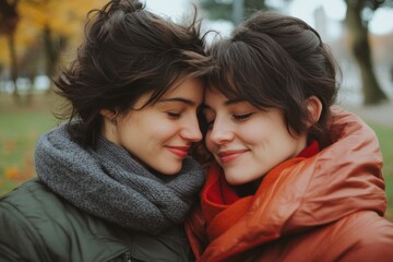 Two women lovingly embrace outdoors, expressing their joy and connection.