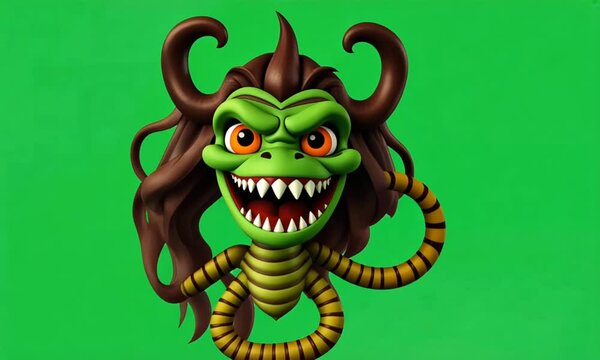 A green monster with brown horns and a yellow and black striped body is smiling with sharp teeth.