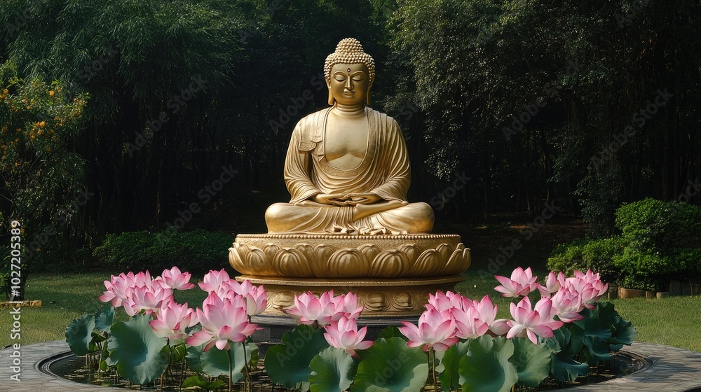 Wall mural a golden buddha statue with serene expression, surrounded by beautiful pink lotus flowers at the bas