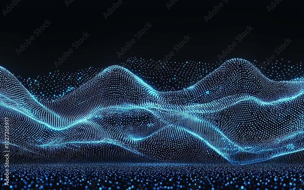 Poster digital wave patterns illuminated in blue create a mesmerizing visual display on a dark background d