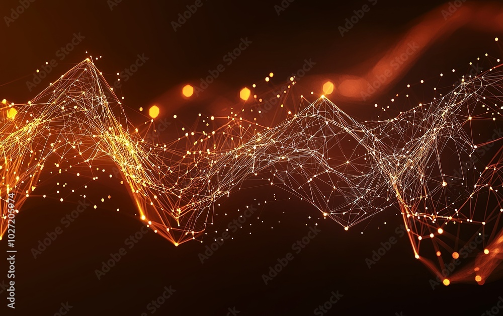 Poster abstract visualization of dynamic waves and interconnected nodes in warm tones, representing technol