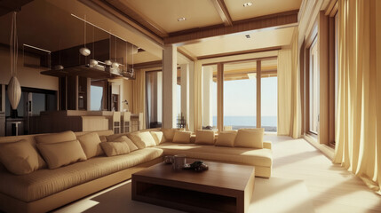 Modern beige living room by sea. Minimalist design. Large window. For stock photo or decor mag.