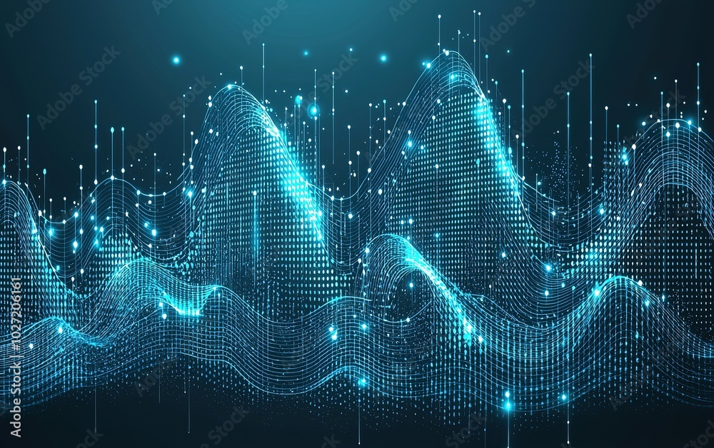 Poster dynamic digital waveforms with glowing particles representing sound frequencies in a futuristic envi