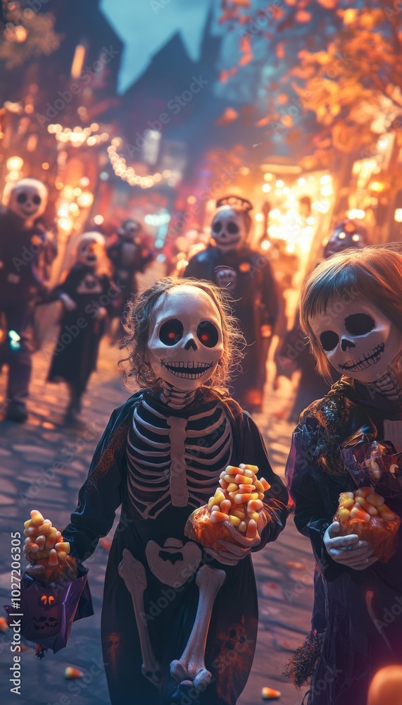 Sticker Children in skeleton costumes trick-or-treating on Halloween night.