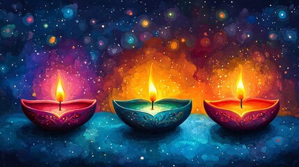 Colorful Diwali lamps candles illustrated in a whimsical cartoon art style set against a bright and cheerful background embodying the spirit of the festival of lights