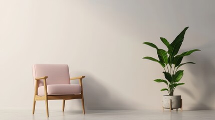 A minimalist interior featuring a pink armchair and a green potted plant, set against a neutral wall, creating a serene and inviting atmosphere.
