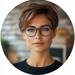 Headshot of an attractive woman with short hair, wearing glasses and business attire, in front of a futuristic background, with a circular blue frame. The image is professionally photographed, with pr